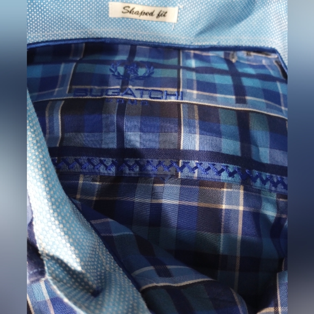 XL EUC Bugatchi Mens Blue Shirt Plaid Luxury Old Money Rich Preppy Dress Club